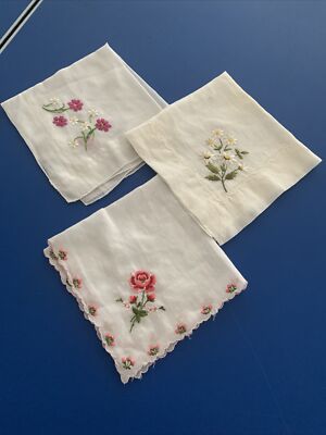 小物 1900s Hand Embroidery Handkerchief Vintage Embroidered Handkerchief With Pink and Purple