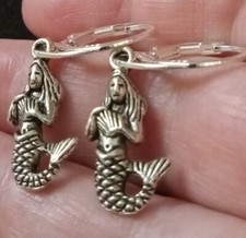 925 Sterling Silver Filled 3D Mermaid Charm Euro Lever Earrings Little Fish Girl