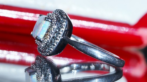 925 sterling silver ring 1.00ct opal blue topaz diamond size 7.25 vintage 5.75gr - 第 6/19 張圖片