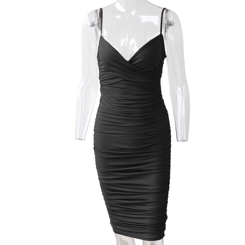Women Sexy Spaghetti Strap Deep V-Neck Sleeveless Ruched Bodycon Midi Club Dress - Picture 10 of 29