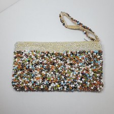 VTG Cream/Multi HEAVY GLASS BEADS Evening Cocktail WRISTLET CLUTCH Purse 1960s