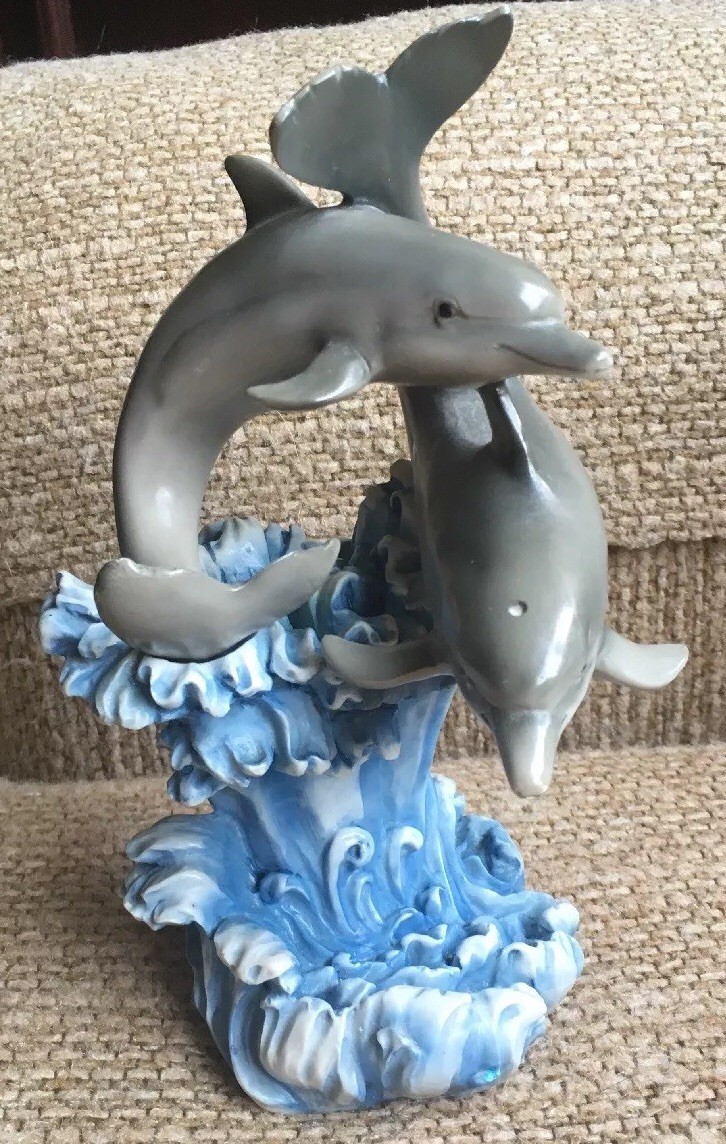 Vintage 1997 2 Silver Dolphins Pair Riding Wave Hugging Playing