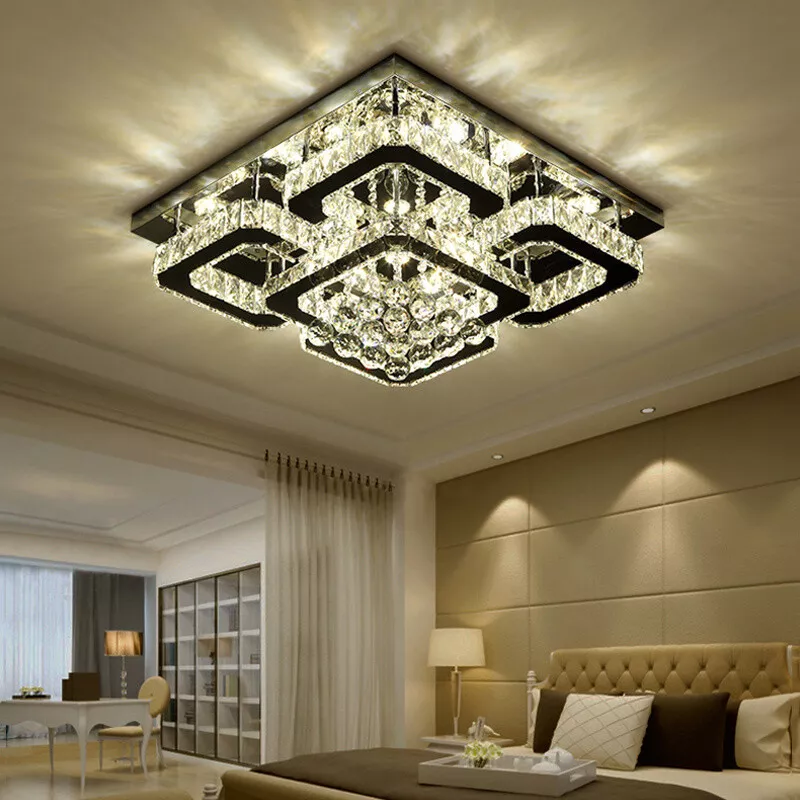 Large Square LED Crystal Chandelier Lamp Ceiling Fixture Pendant Light Bedroom