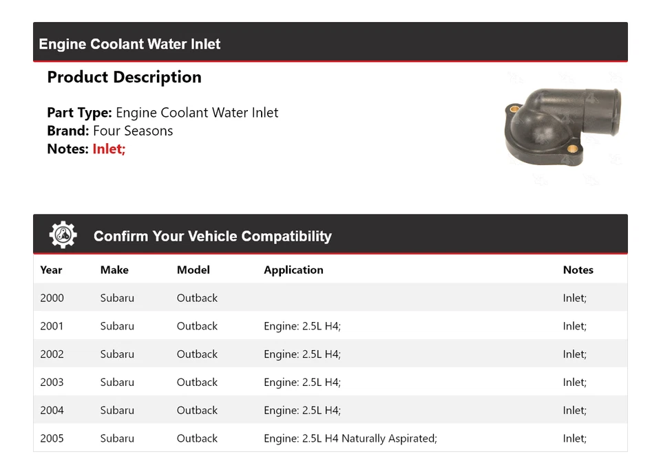 Entrada de agua refrigerante motor Subaru Outback 2000-2005 4 estaciones 2001 2002 2003 Foto 2 de 4