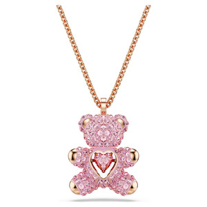 Authentic NEW SWAROVSKI 3D Teddy Bear Heart Pink crystal pendant Rose Gold plated necklace