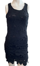 Ladies Small Lined Lace Little Black Dress Sleeveless Asymmetrical Hem Crochet