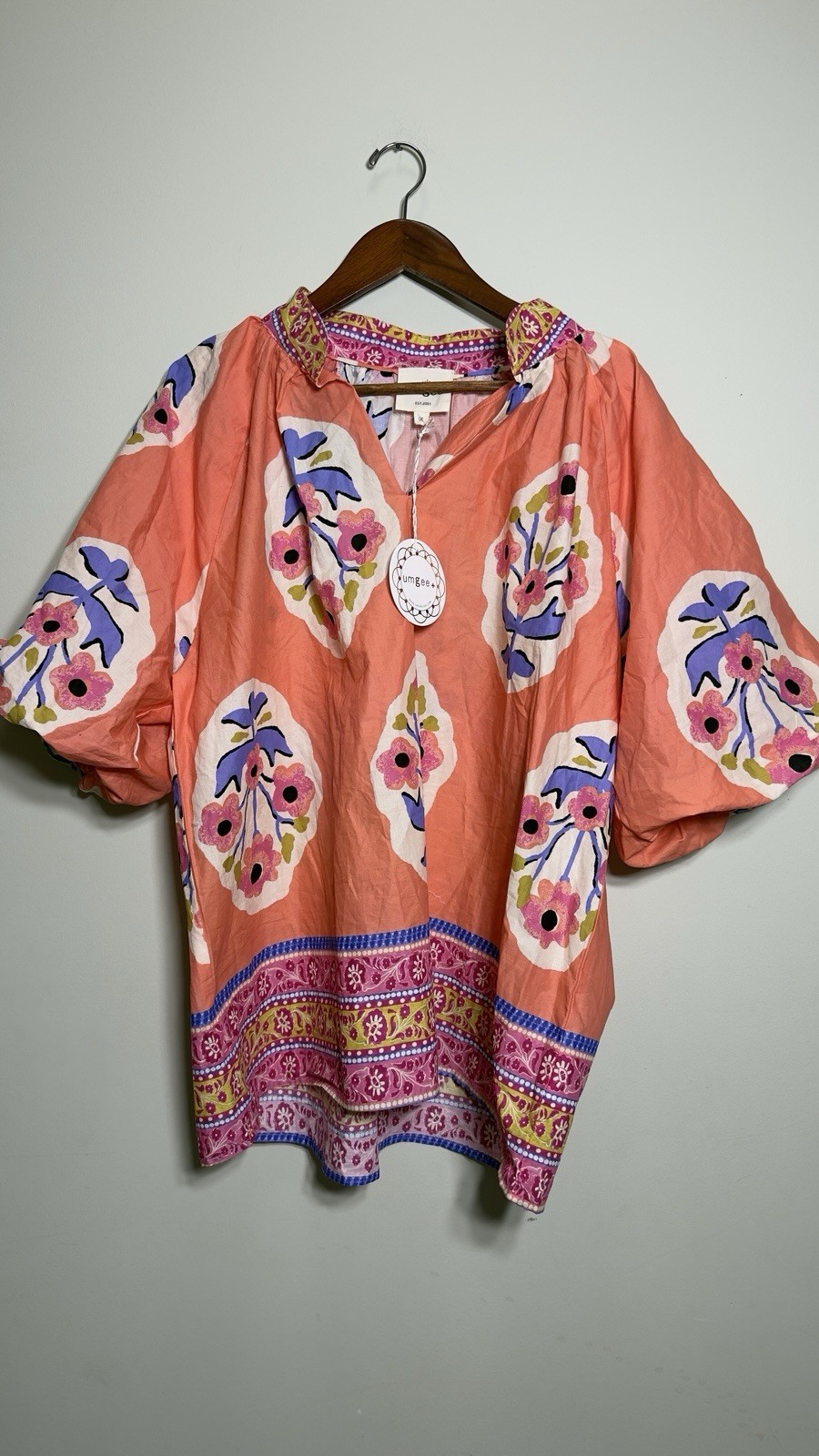 Umgee Boho Floral Block Print Blouse Top 1X NWT Peach Pink Puff Sleeve Cotton