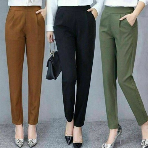 Womens High Waist Cigarette Casual Pants OL Office Work Plain Tapered Trousers - Picture 3 of 15