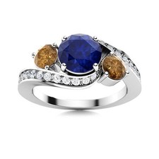 Round Blue Sapphire  Smoky Quartz 925 Sterling Silver Three Stone Wedding Ring