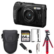 Olympus OM SYSTEM Tough TG-7 Digital Camera Black  Tripod  Case - 64GB Kit