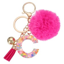 Alphabet Initial Letter Keychain Letter-C Cute Heart Resin Keyrings Deep Pink