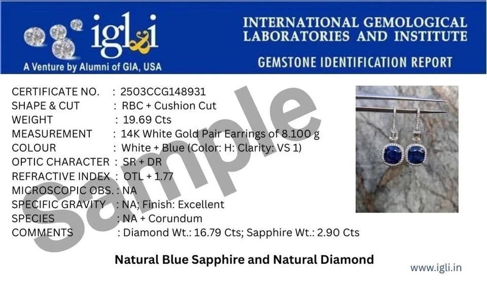 Pendiente de diamantes con zafiro azul natural de 4,70 quilates de corte ovalado de oro blanco real de 14 quilates Foto 4 de 4