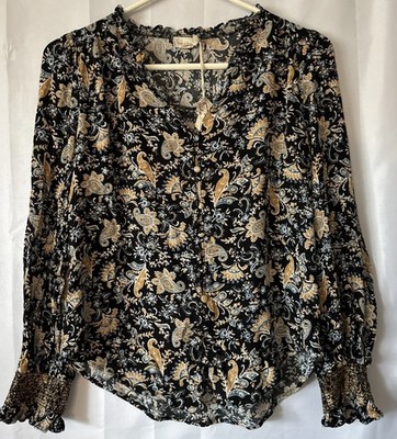 Women's Hem & Thread Paisley Ruffle Sleeve Button Front Boho Pheasant Blouse S