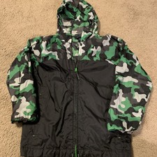 Lands End Rain Jacket Hooded Boy  s S 8 Camo Black Full Zip Windbreaker Rain