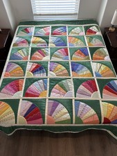 Vintage Grandmother Queen SZ Satin Embroidered Fan Patchwork Handmade Quilt