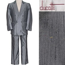 1980s Does 1950s Vintage Shiny Sharkskin Suit Double Breasted Atomic Fleck 42