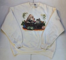 Vintage Jerzees Dog Kitten Sweatshirt Womens Large White Animal USA 90s Sweater