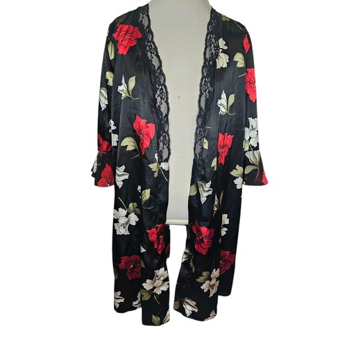 Y2K Retro Black Satin Floral House Robe Open Duster Lace Red Whimsigoth Sz S - Picture 9 of 9