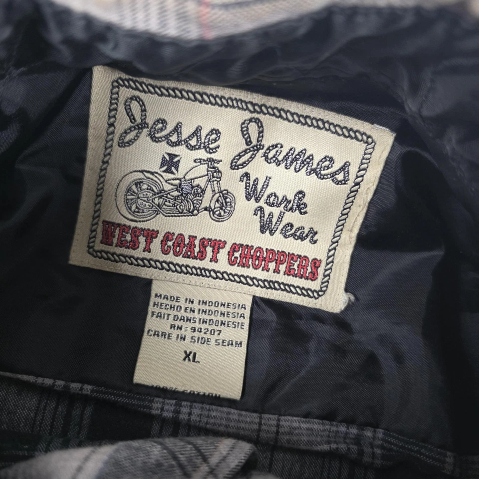 Camisa West Coast Choppers Jesse James Para Hombres XL Gris Cuadros Western Pearl Snap Foto 4 de 4