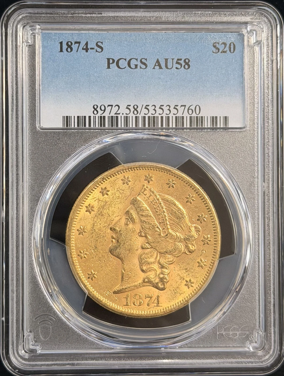1874 S Liberty Head $20 Double Eagle Gold Coin PCGS AU 58