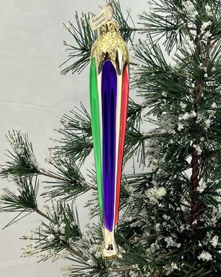 Vintage Fluted Rainbow Drop Thin Icicle Glass Christmas Ornament West Germany