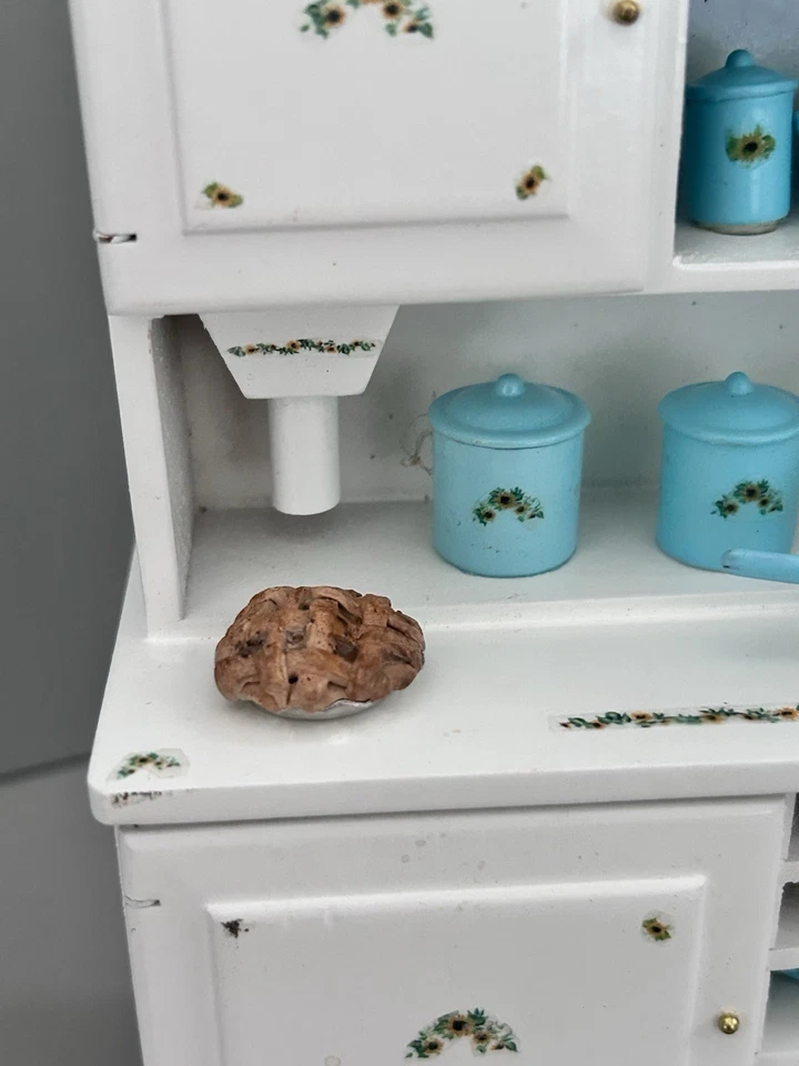 Dollhouse Miniature White Farmhouse Hoosier Cabinet Blue Pots Pans Dishes & Pie - Image 3 of 4
