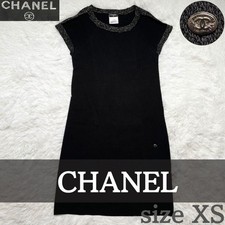 CHANEL Knit Dress A Line Silk Blend Black XS 88cm Length Coco Plate