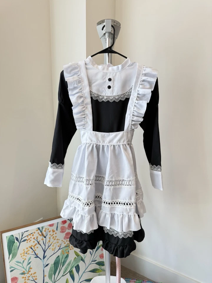 S Vintage Inspired Black & White Maid Dress Costume with Lace Apron Long Sleeve - Image 2 of 4