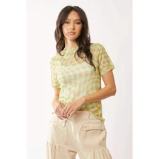 Davi & Dani Checker Board Printed Mesh Short Sleeve Top