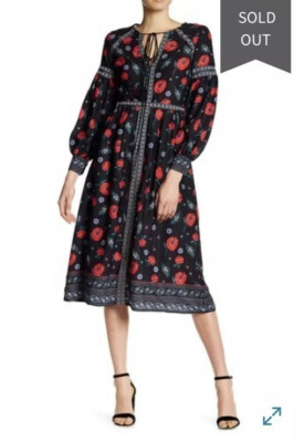 Revolve Endless Rose Womens Long Sleeve Midi Dress Black Floral Print Tie  Neck S | eBay