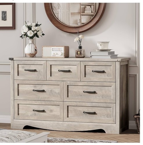 Dresser for Bedroom with 7 Drawers, 48" Wide Wood Chest of Drawers with Deep Dra