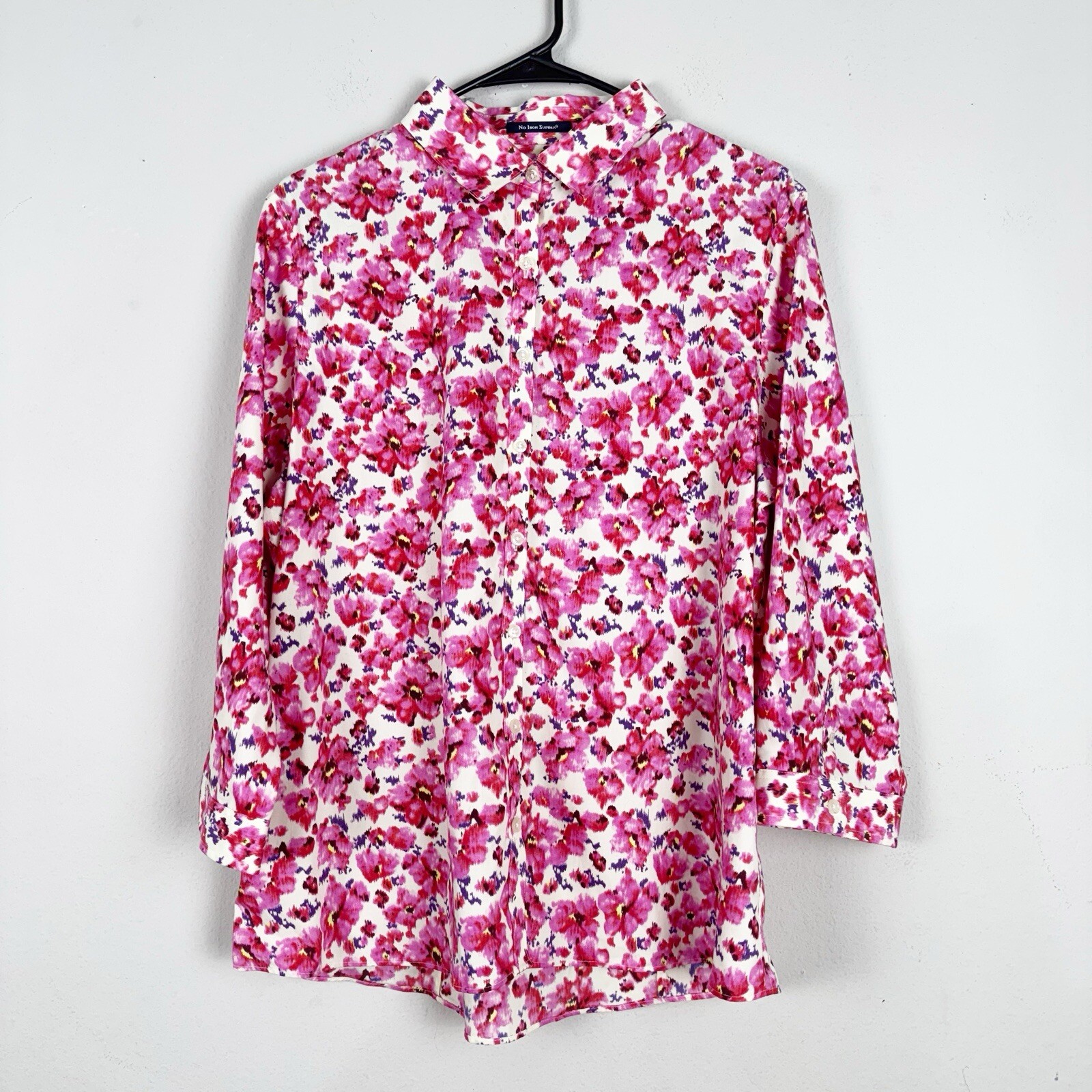 Lands End Womens No Iron Supima Button Up Shirt Size 14 in Pink and White