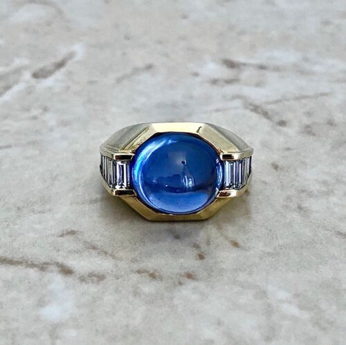 Vintage 11.50 CTS Untreated Sapphire & Diamond Ring - 18K Yellow Gold & Platinum - Afbeelding 1 van 9