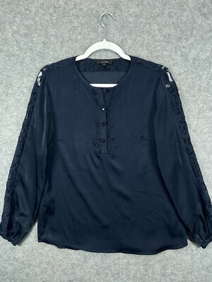 Paz Torras Womens 8 Blue Satin Lace Top Long Sleeve Blouse Spain Made FR 40