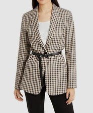 850 Elie Tahari Women's Black One-Button Check Bree Belted Blazer Jacket Size 2
