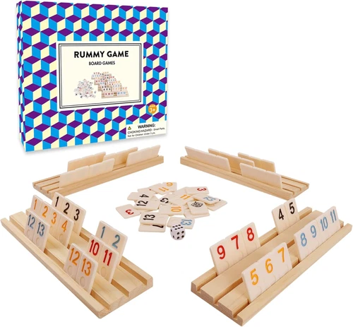 Upgraded Rummy Cube Game with 106 Large Number Rummy Tiles Set, 4 Wooden Racks & - Picture 1 of 12