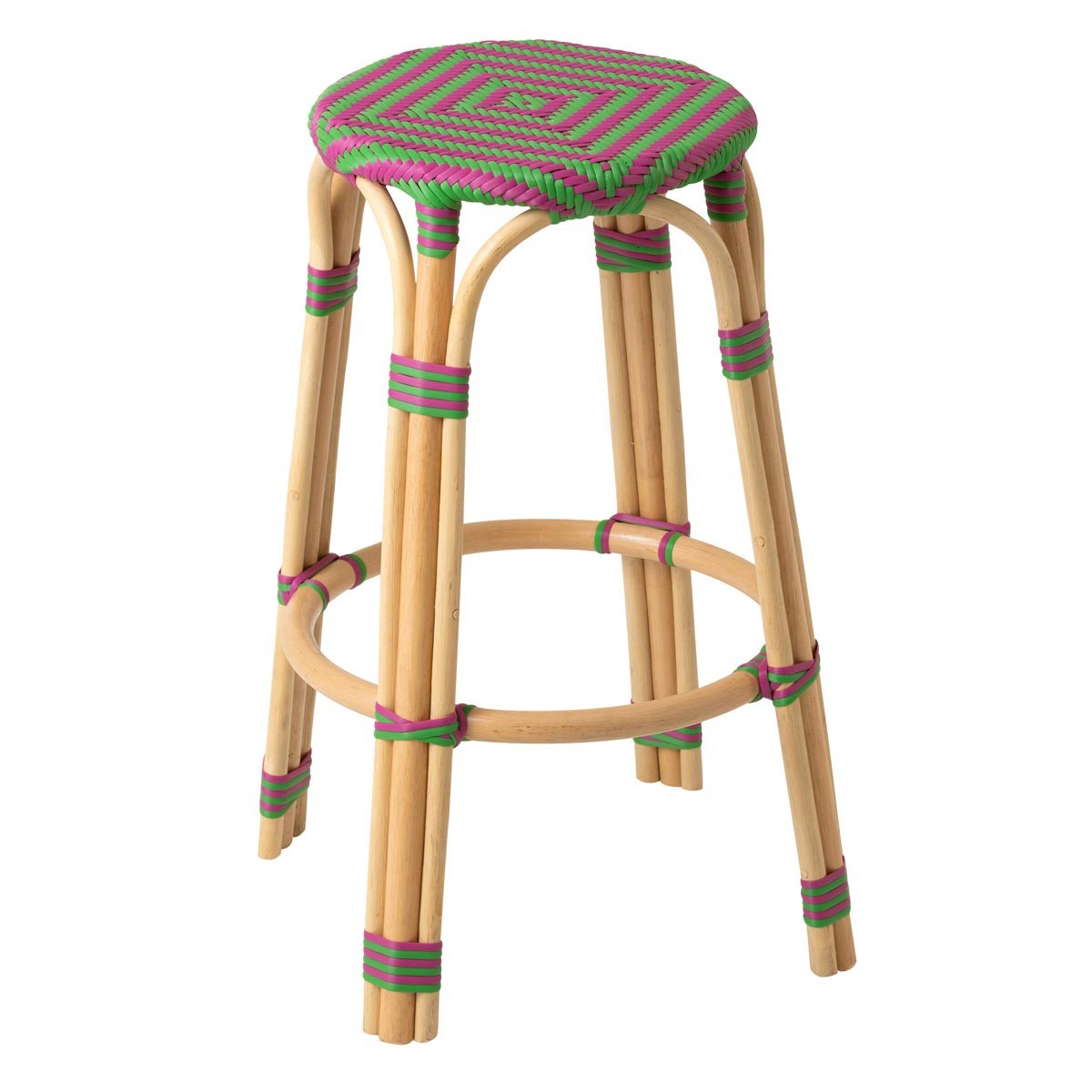 Tabouret de bar en rotin Geo 66cm rose et vert, élégance artisanale