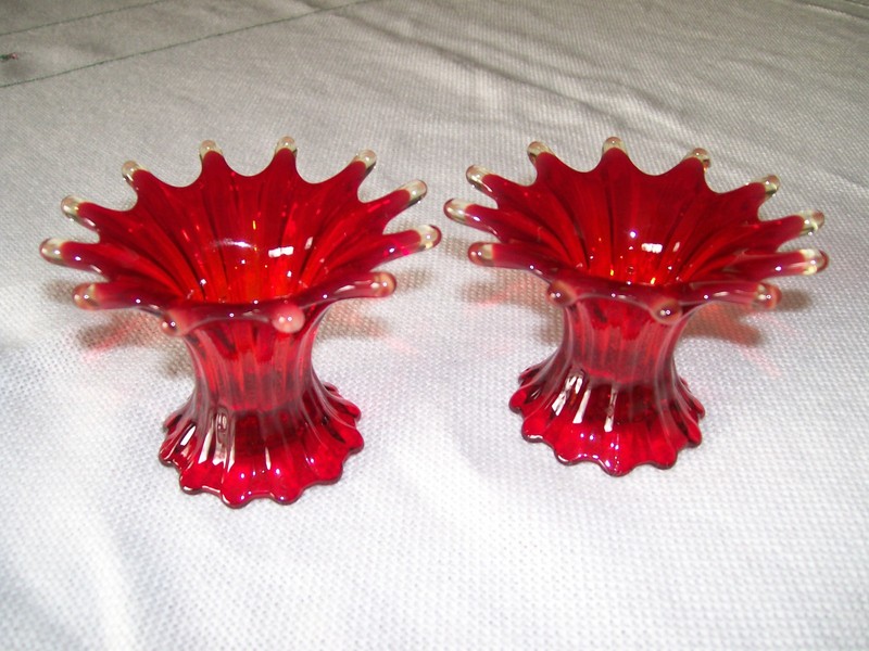 FOSTORIA HEIRLOOM RED CANDLEHOLDERS 3”