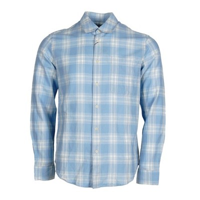 Sandro Paris Herren Langarmshirt blau kariert Baumwolle Leinenmischung Gr. S