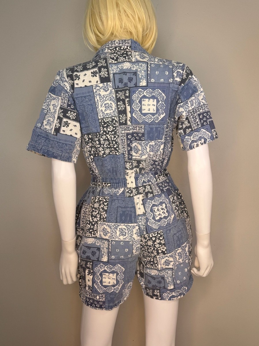 Vintage 1990s Bandana Patchwork Print Denim Romper 90s Studiowear Petite View 2