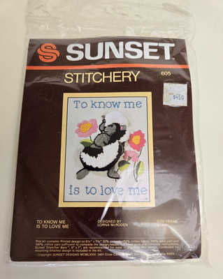 Sunset Designs Skunk Crewel embroidery kit ''TO KNOW ME IS TO LOVE ME'', #605, NOS