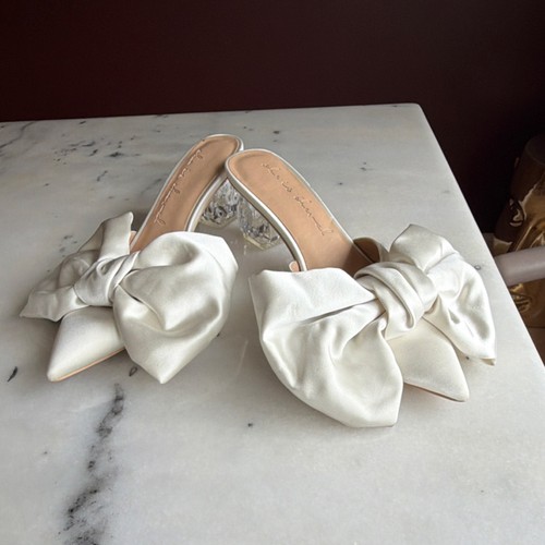 She Is Cheval White Satin Bow Bridal Mules US 10.5 EU 41.5 Medium Heel