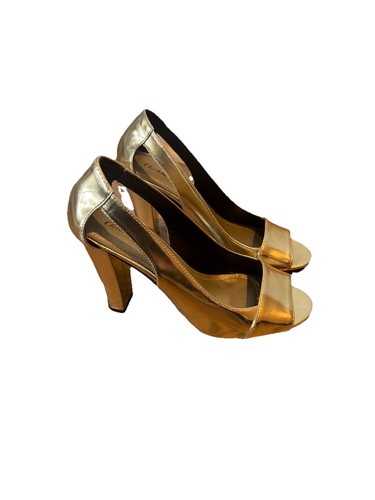 Charlotte Russe Women’s Y2K Gold Peep Toe Block Heel High Heels Pumps Size 6.5