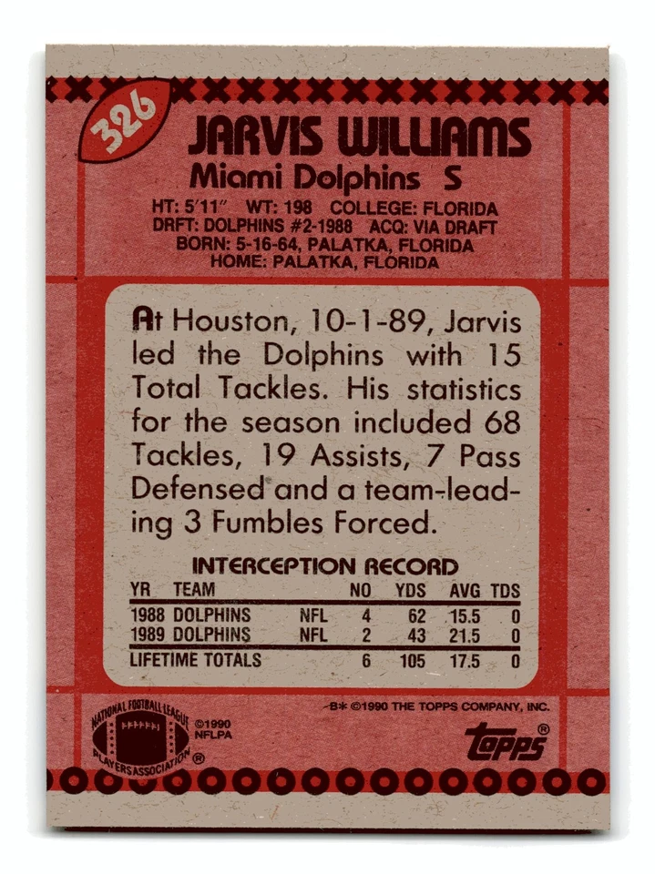Jarvis Williams 1990 Topps #326b Miami Dolphins Mint - Image 2 of 2