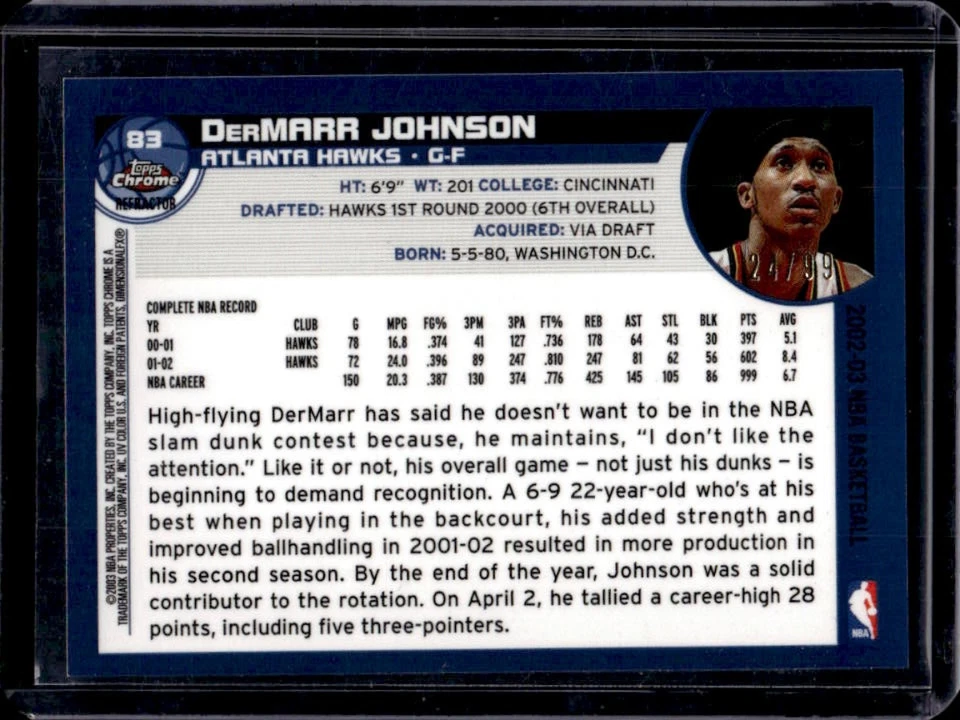 2002-03 Topps Chrome Dermarr Johnson Refractor Black Border #/99 Hawks - Image 2 of 2
