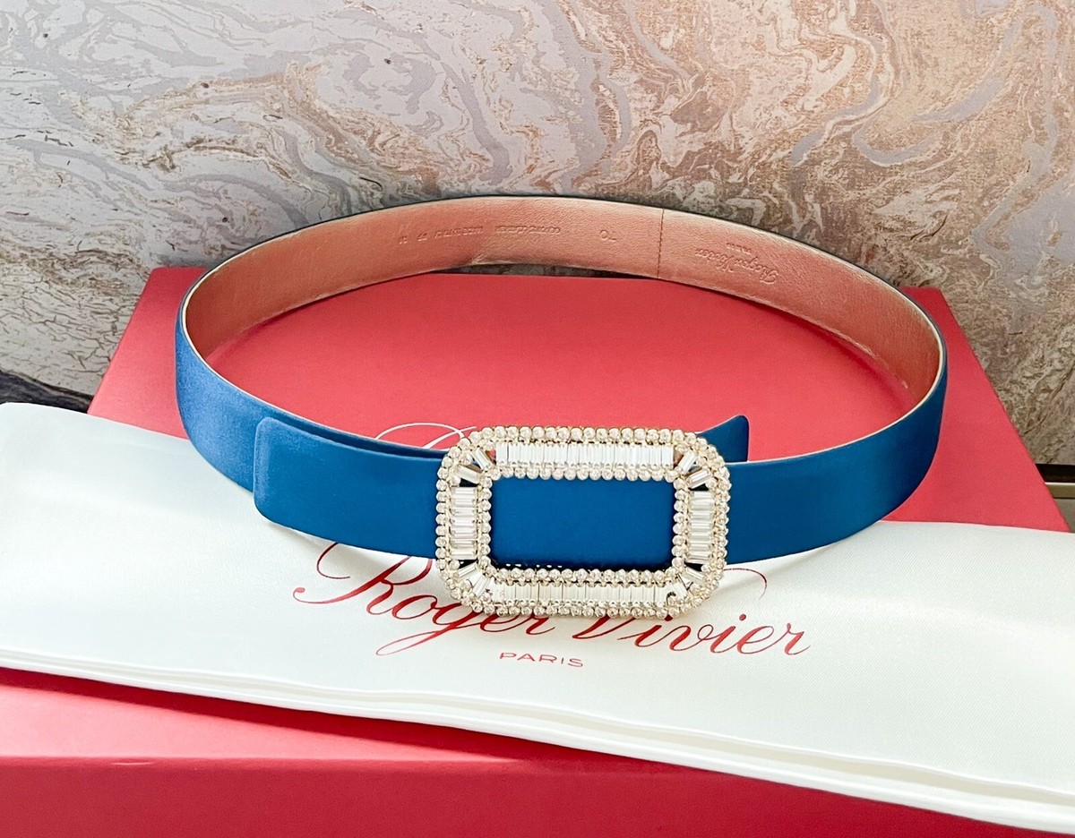 Roger Vivier Pilgrim Crystal Buckle Blue Satin Belt | eBay