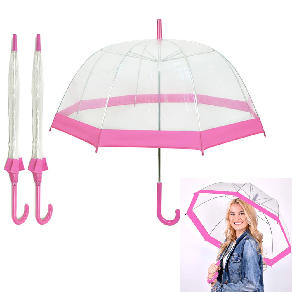 2 Pk Dome Bubble Umbrella Pink Trim Transparent Clear See Through Parasol  Shield | eBay