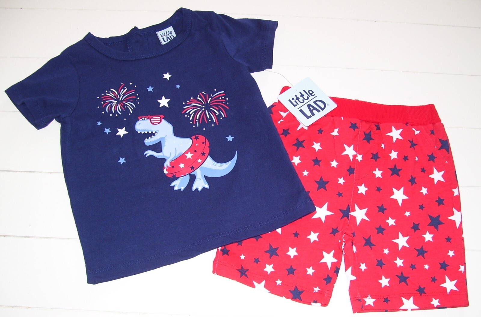 Little Lad 2 Pc RWB July 4th Patriotic T Rex Dinosaur Shirt Shorts Outfit Sz 18M