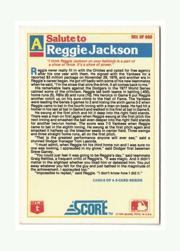 1988 Score #501 Reggie Jackson BALTIMORE ORIOLES 1976 - Salute to Reggie Jackson - 第 2/3 張圖片