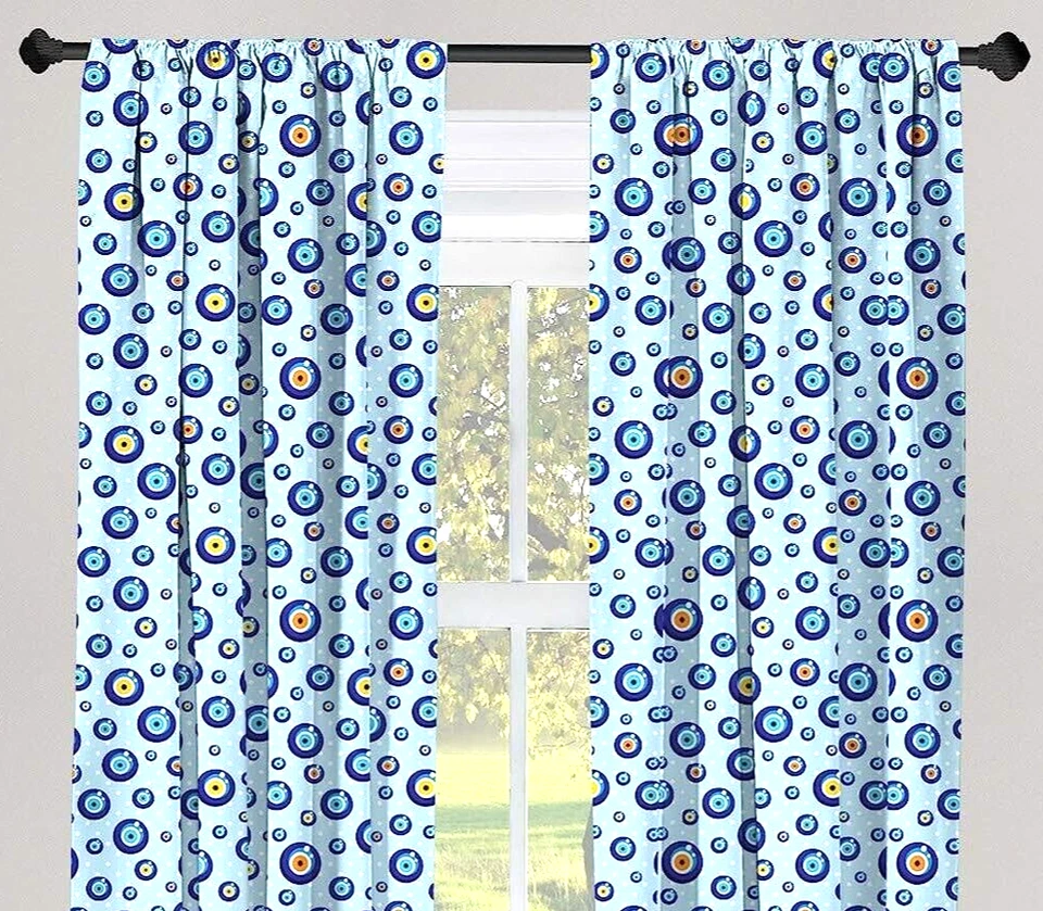 Pair ~ EVIL EYE ROD POCKET CURTAIN PANELS ~ Blue Multi Color ~ 27" x 63" - Image 2 of 2